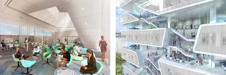 Artistic renderings of Columbia Business School interior and exterior