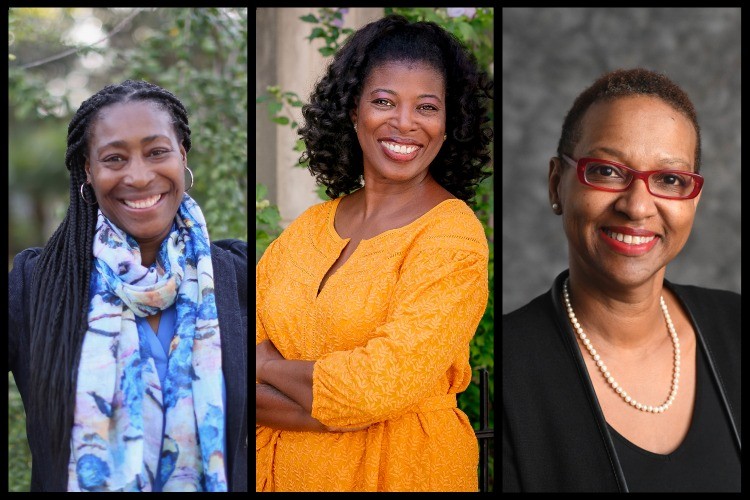 Headshots of three women. The first is in a blue scarf, the second in a yellow dress, and the third in red glasses.