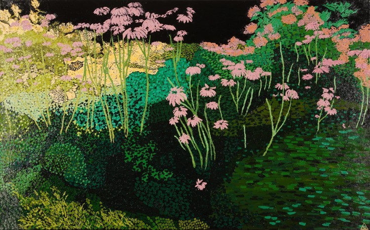A painting of pink flowers.