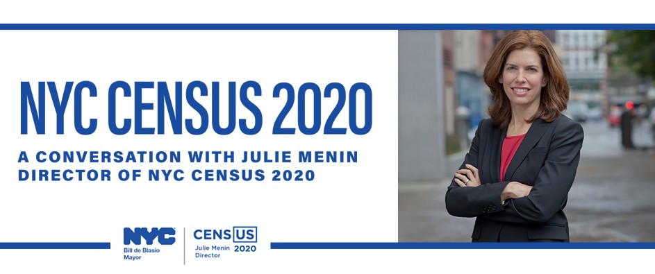 flyer for 2020 census event online with blue and white font