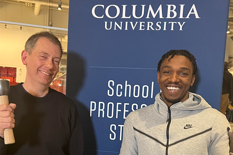 Columbia Bundles Scholar Chris Pellettieri, founder of the Pellettieri Stone Carving Academy (left), with Aboubacar Keita, alumnus and current intern with the Academy's Governors Island Mather Building Arts & Craftsmanship High School program in collaboration with National Park Service.