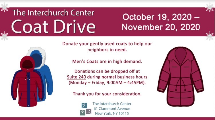 banner for coat drive on a white background with burgundy letters and clipart images of coats
