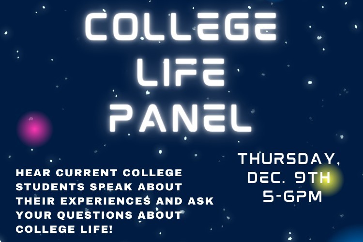 Image with info about college life panel (detailed below)