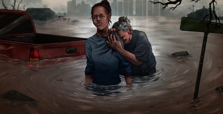 banner image of two women in despair in a flood of water