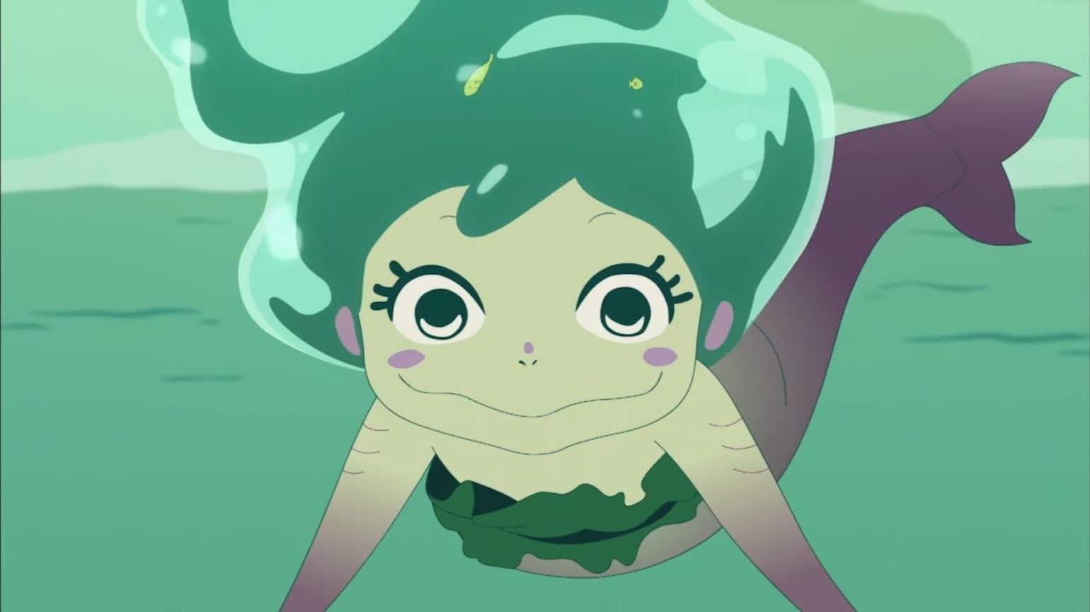 An illustration of a mermaid with green hair.