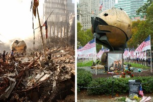 Left: a piece of round metal art in a pile of building wreckage. Right: the same art displayed on a pedestal surrounded by American flags.