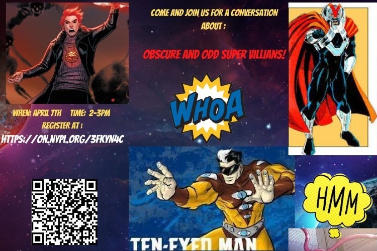 Pictures of supervillains to on a flyer for the "Obscure and Odd Super-Villains" event.