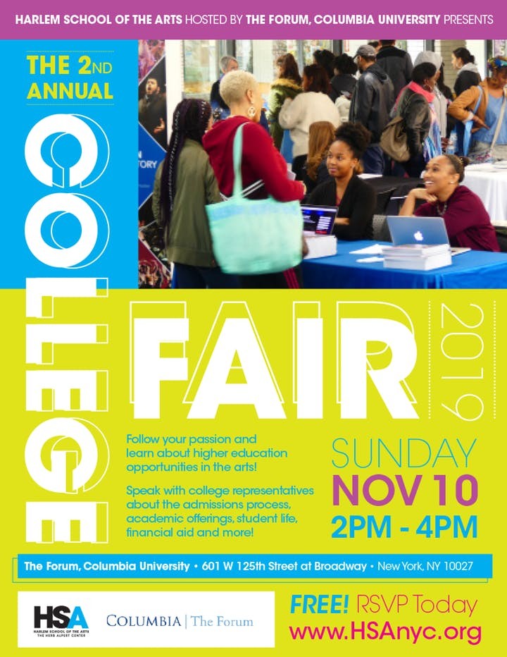 Flyer with event information for the Harlem School of the Arts College Fair, hosted by The Forum.