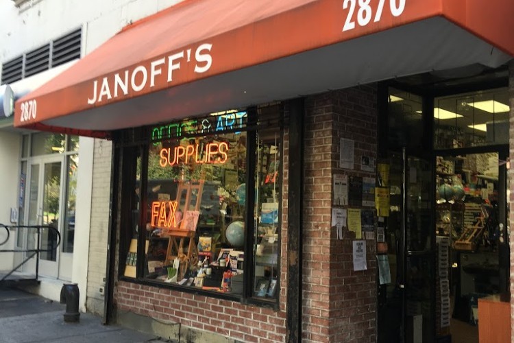 An orange awning saying Janoff's and a storefront.