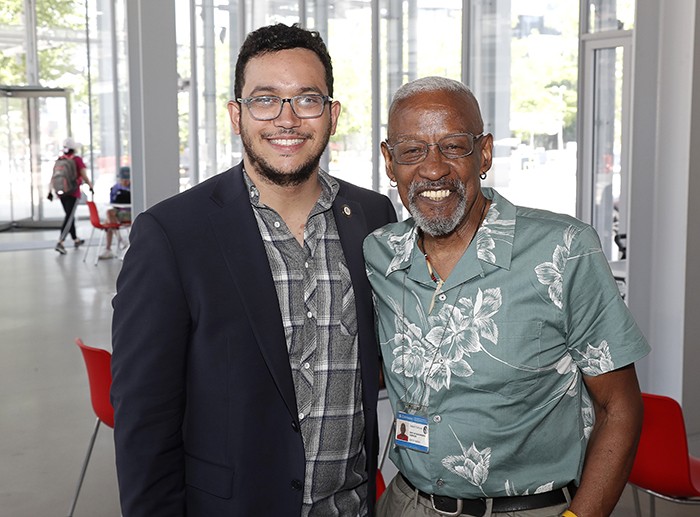 District 7 Council Member Shaun Abreu poses with Dr. Robert Fullilove, co-director of the Manhattanville Wellness Center. Photo by Lou Rocco Shaun Abreu and Robert Fullilove.