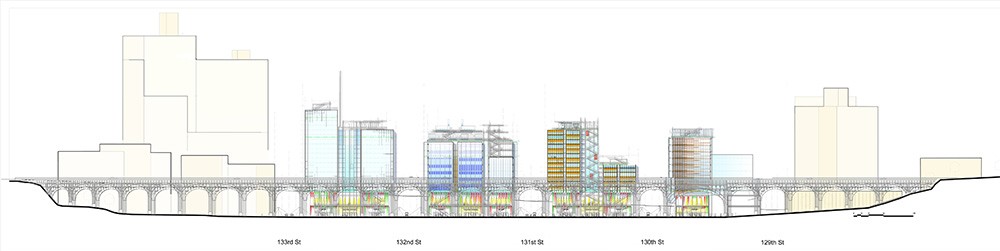 Rendering of the Manhattanville campus from the side, showing buildings and underground areas