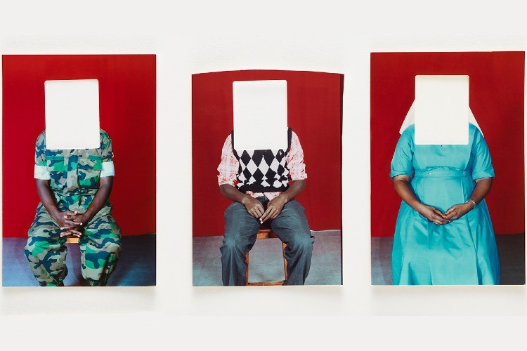 Martina Bacigalupo. Selections from the series "Gulu Real Art Studios" are included in the exhibition Reframing the Passport Photo, which is available to view virtually from the Wallach. Three photos of individuals with the heads and shoulders cropped out leaving a blank space in each photo.