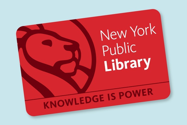 A picture of a red New York Public Library card on a blue background.