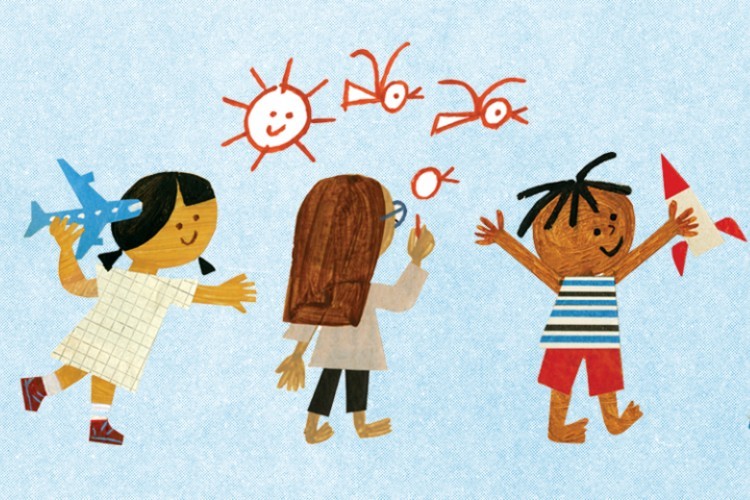 Celebrate summer with activities and challenges from the NYPL. A drawing of three children playing.