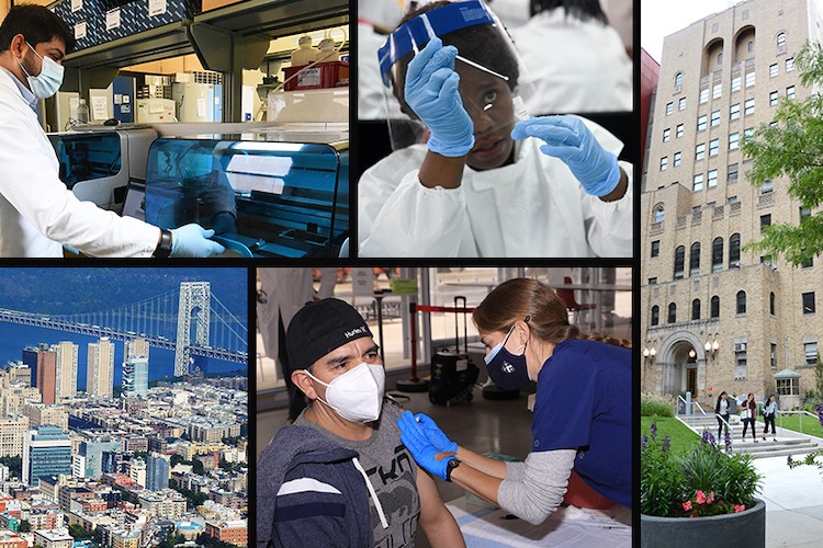 A collage of pictures of scientists and pictures of New York City.