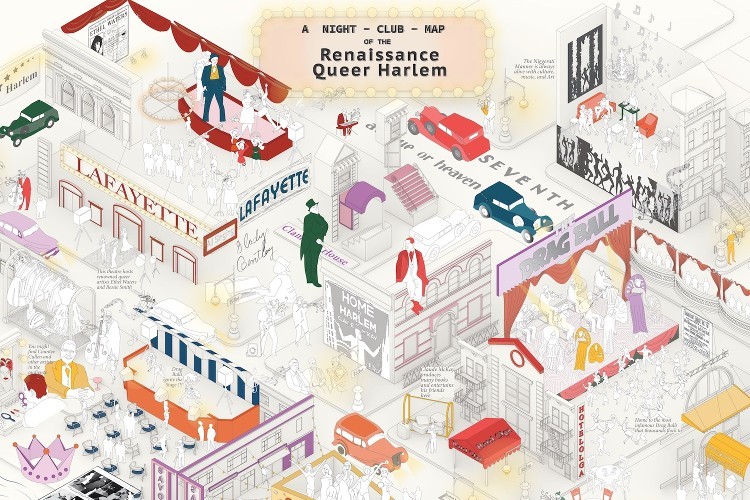 An artistic rendering map of Harlem showing night clubs popular with the queer community during the Harlem Renaissance.