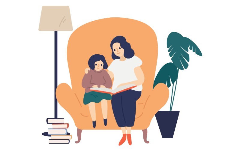 Illustration of an adult and a child reading together in a chair.