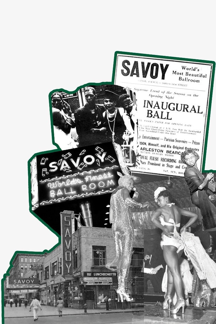 The Savoy Ballroom hosted drag balls during the Harlem Renaissance. Image from QSAPP. A collage of black and white photographs relating to the Savoy Ballroom