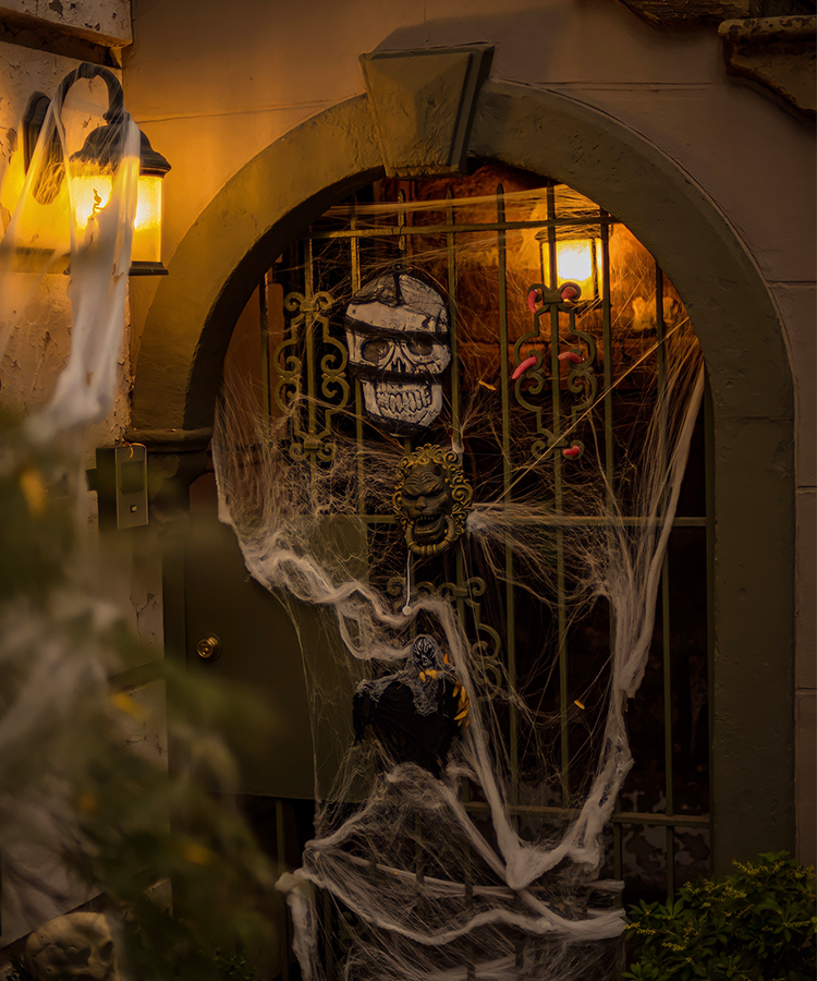 A Garden-level apartment doorway with skeletons and cobwebs on it.
