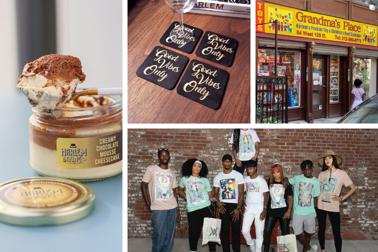 Collage of small business, including local designers, woman getting a facial, bookstore, fun coasters with wine glass on top, and a savory dessert