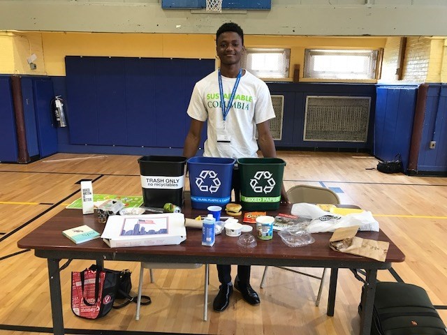 High school intern Ibrahima Diallo at a sustainability education event organized by the Manhattan Borough President’s Office at Ralph Bunche School in West Harlem