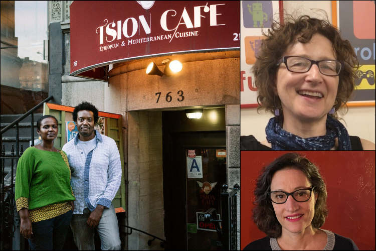 Left: Beejhy Barhany and Padmore John of Tsion Cafe. Top right: Laura Hart of Robofun. Bottom right: Pictures of the business owners in the article