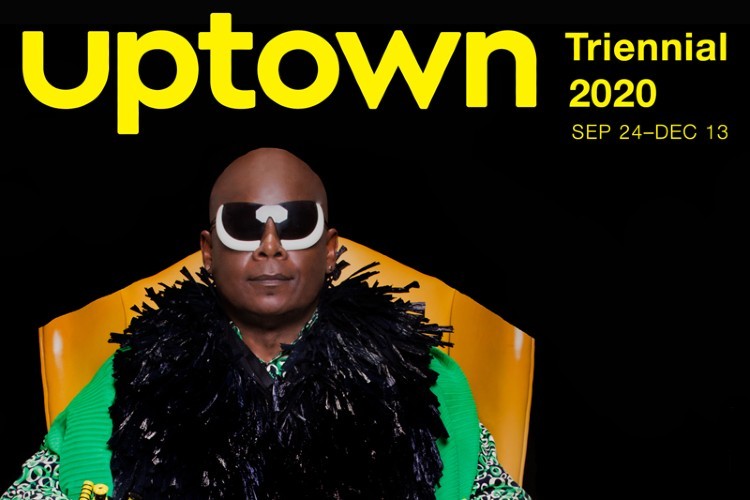uptown triennial 2020 in yellow text with a bald man wearing glasses and a fur coat.