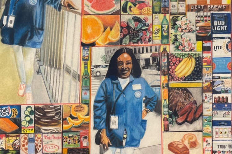 One of William Kitt's pastel works, part of the Jesus in Harlem display at George Bruce Library. A piece of art showing women in blue jackets and food.