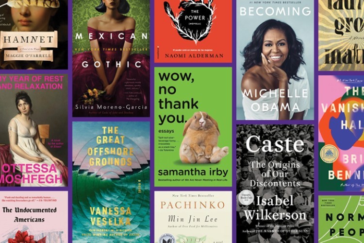 The covers of books by women, including Becoming (Michelle Obama), Mexican Gothic (Silvia Moreno Garcia), and Caste (Isabel Wilkerson).
