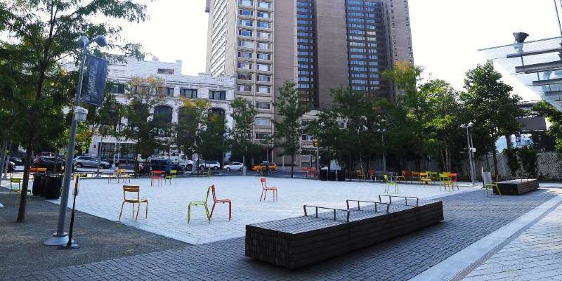 Chairs and benches in the Small Square, one of the spaces where wireless internet will be provided.