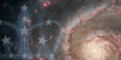 Columbia crown made of stars, above an image of outer space