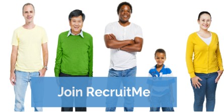 people standing banner with recruit me 