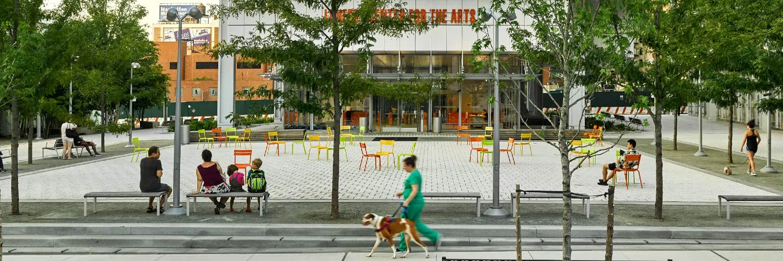 The Plaza as seen from 125th Street, with Lenfest Center for the Arts behind it.