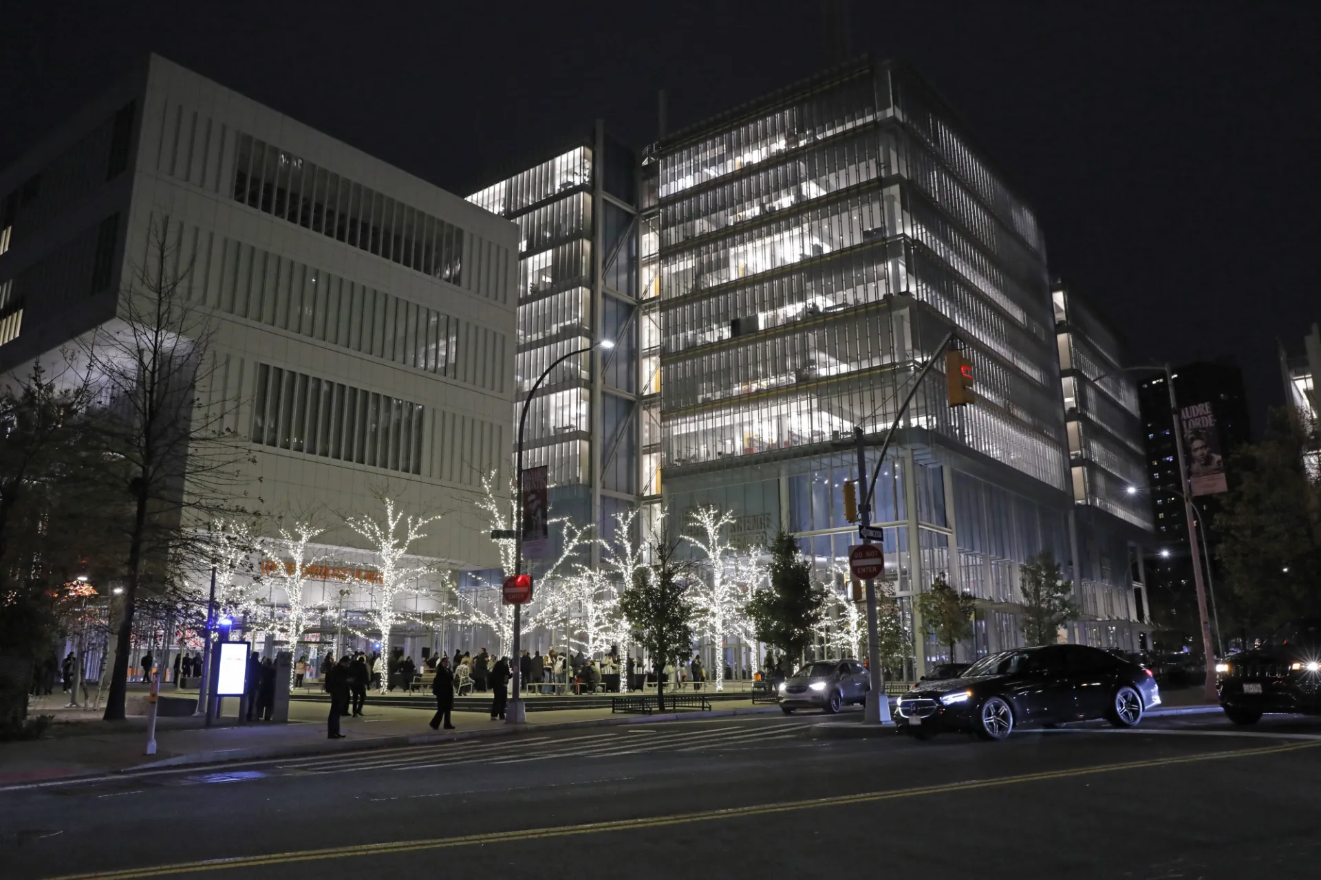 Lights on the Plaza at Columbia's Manhattanville campus. Photo credit: Michael DiVito
