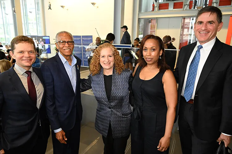 From left to right: Loftin Flowers, vice president of Government and Community Affairs at Columbia; Robert Jackson, New York state senator, district 31; Columbia University President Jennifer L. Mnookin; Johanna Garcia, chief of staff for Jackson; and Jonathan Mermin, dean of Columbia University Mailman School of Public Health. 