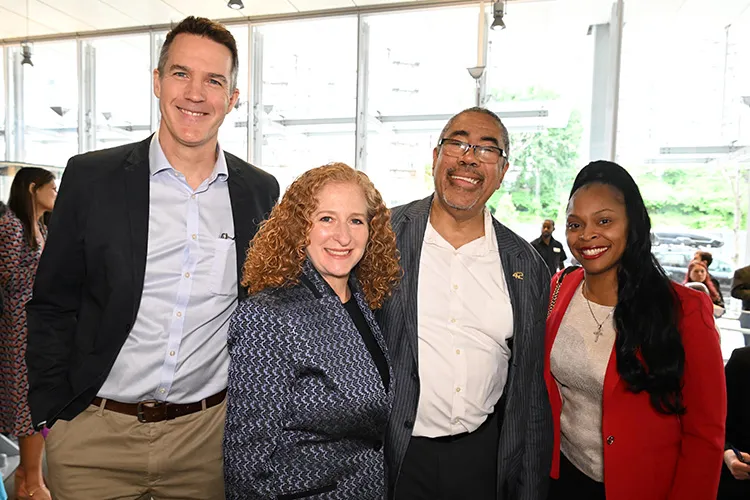 Andrew Smyth, Robert A. W. and Christine S. Carleton Professor of Civil Engineering and Engineering Mechanics; Columbia University President Jennifer L. Mnookin; Curtis Archer, President of the Harlem Community Development Corporation; and TK. 
