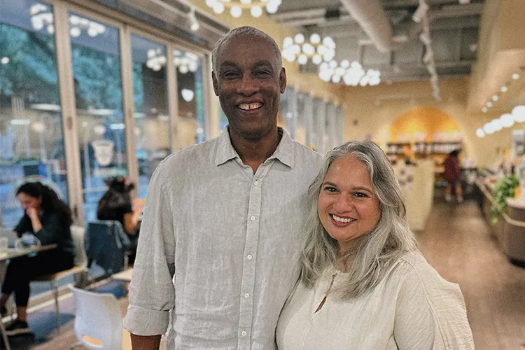 Elias Gurmu and Sarina Parabisi, co-founders and husband-and-wife duo behind the bustling, community-centric Buunni Coffee, pose in their newest location on the Columbia University Irving Medical Center campus in Washington Heights. 