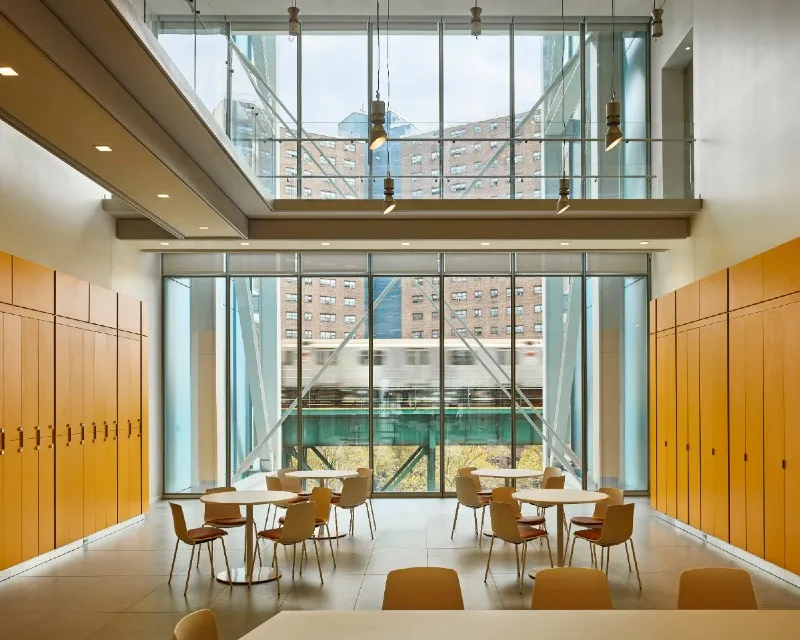 Interior meeting space in the Jerome L. Greene Science Center.