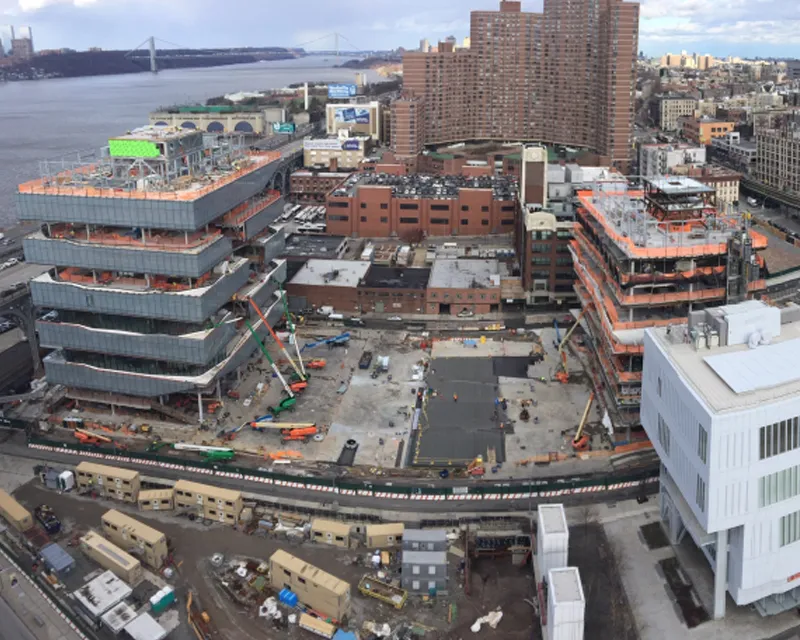 Aerial view of Columbia Manhattanville campus construction site.