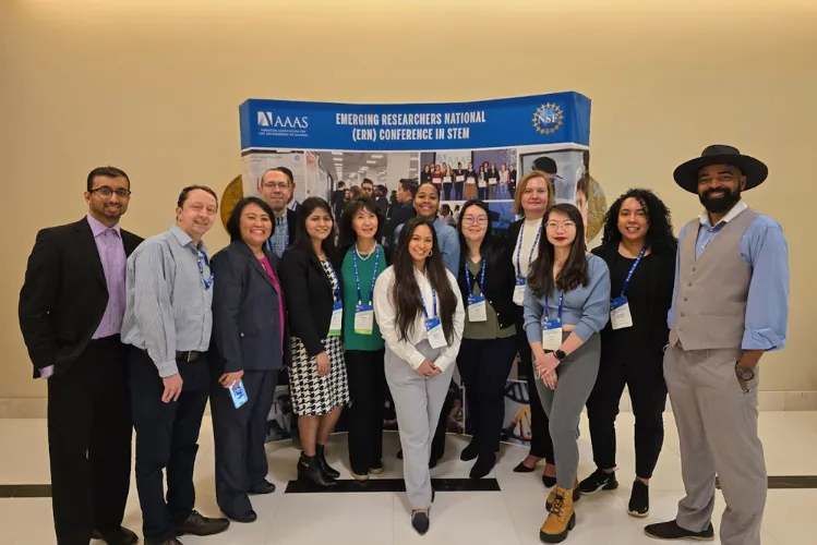 From left to right: Educators Parmanand Mohanlall, Jason Econome, Juditha Damiao, Iulian Irimina, Sharon Bottu, Martina Choi, Cherrilyn Badilla, Brooke Williams, Wendy Lin, Alexandra Chukhareva, Beverly Lam, Fernanda Martinez, and Trey Greene at the Emerging Researchers National (ERN) Conference in STEM in Washington, D.C. Photo credit: Columbia Engineering
