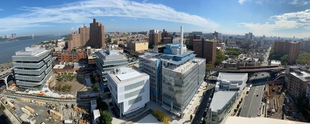 Aerial view of Columbia Manhattanville campus construction site.  