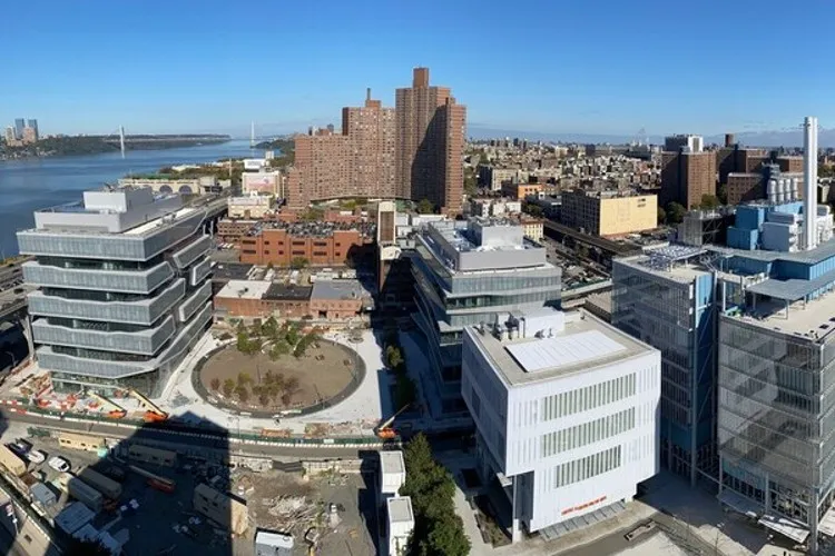 Aerial view of Columbia Manhattanville campus construction site.  Project site, aerial view looking north, October 29, 2021