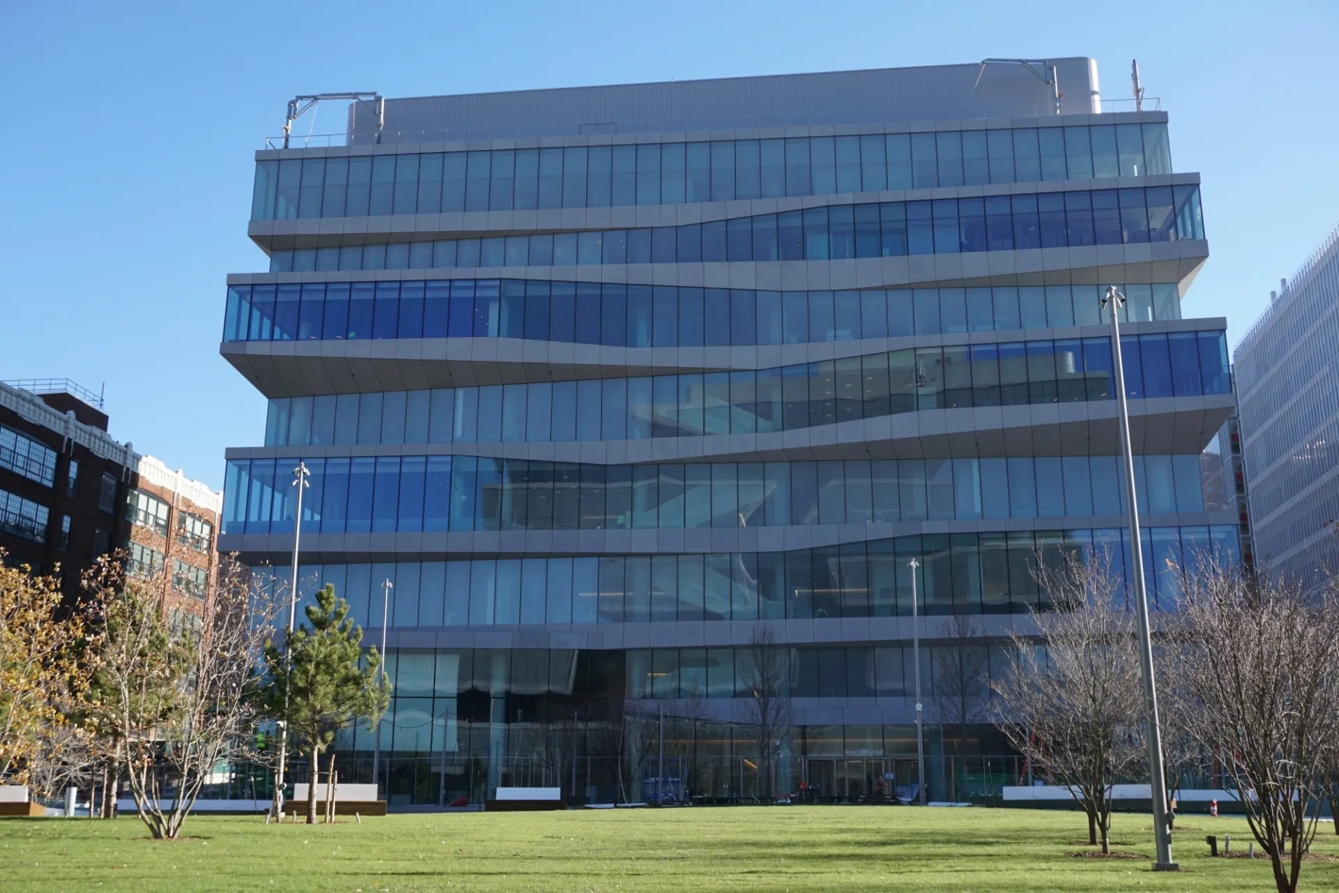 A newly constructed building with a glass facade.