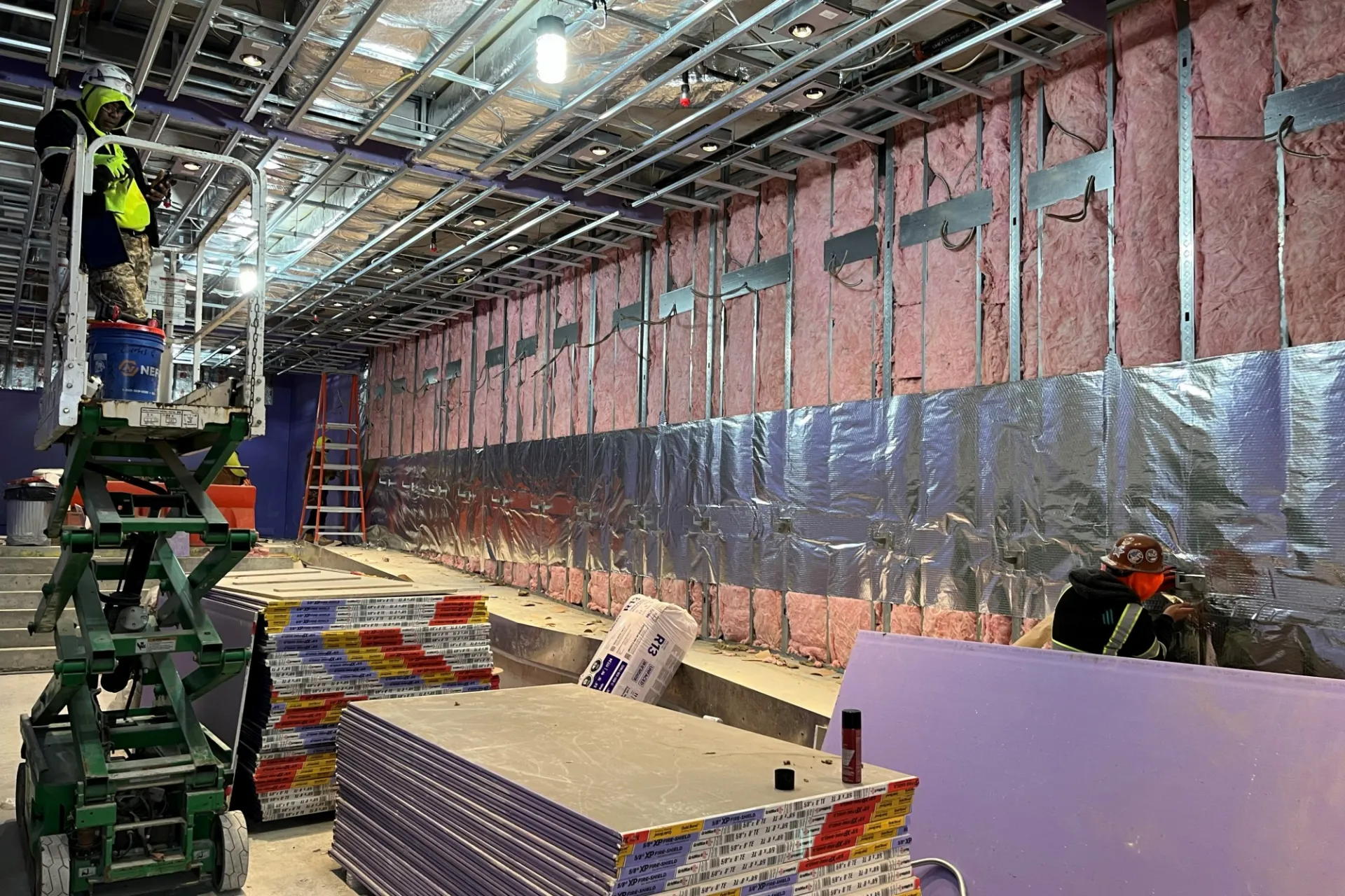 The lobby of 600 W. 125th Street that is currently under construction, with steel framing and insulation installed. 