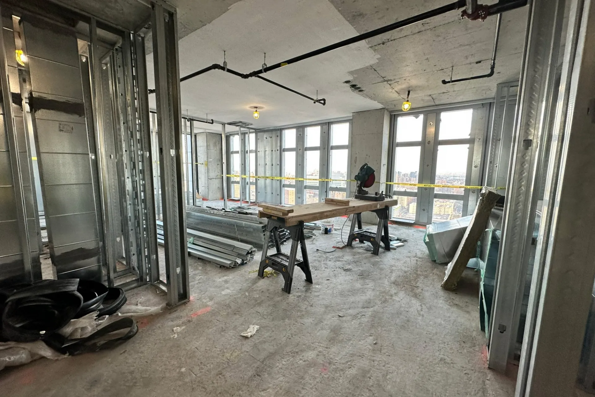 The interior of the lobby of 600 W. 125th Street that is currently under construction and has no walls or interior finishes installed yet.