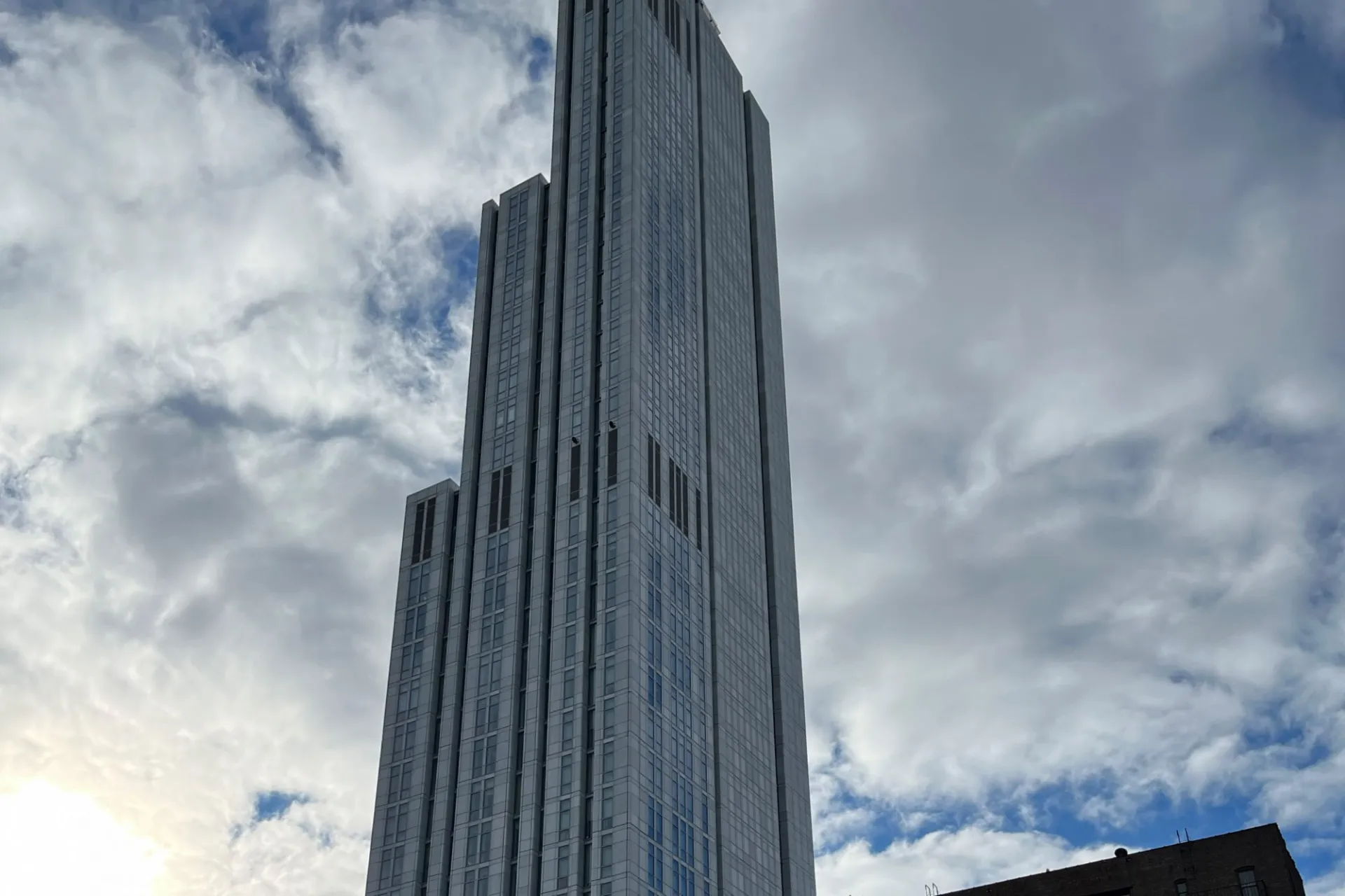 A view of the upper floors of 600 W. 125th Street during a partly sunny day. 