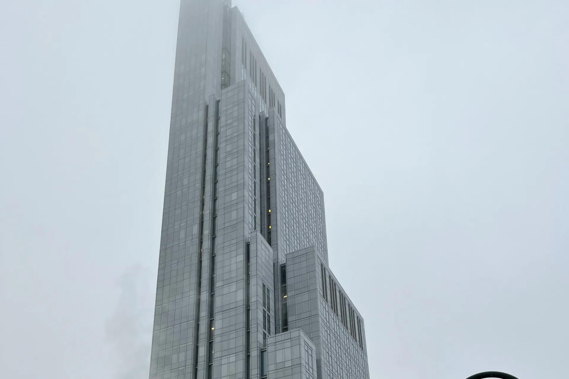 A view of the upper floors of 600 W. 125th Street on a foggy day.