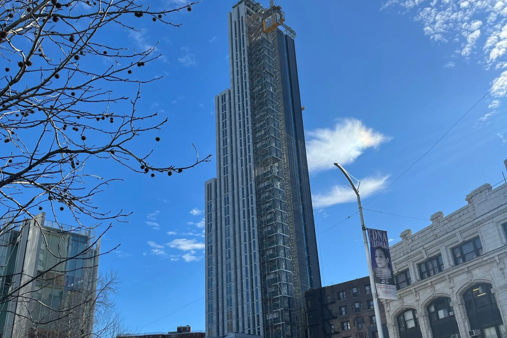A view of 600 W. 125th Street, looking southeast, on a sunny day.
