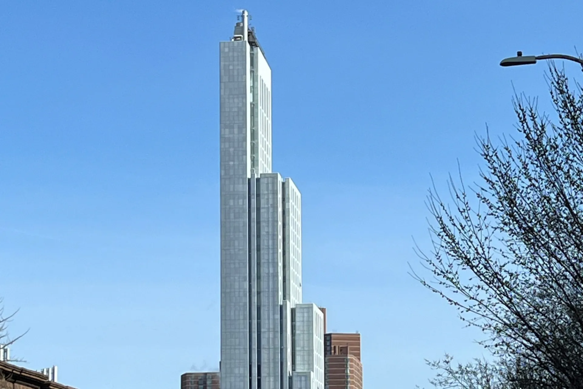 A view of the upper floors of 600 W. 125th Street on a sunny, clear day.