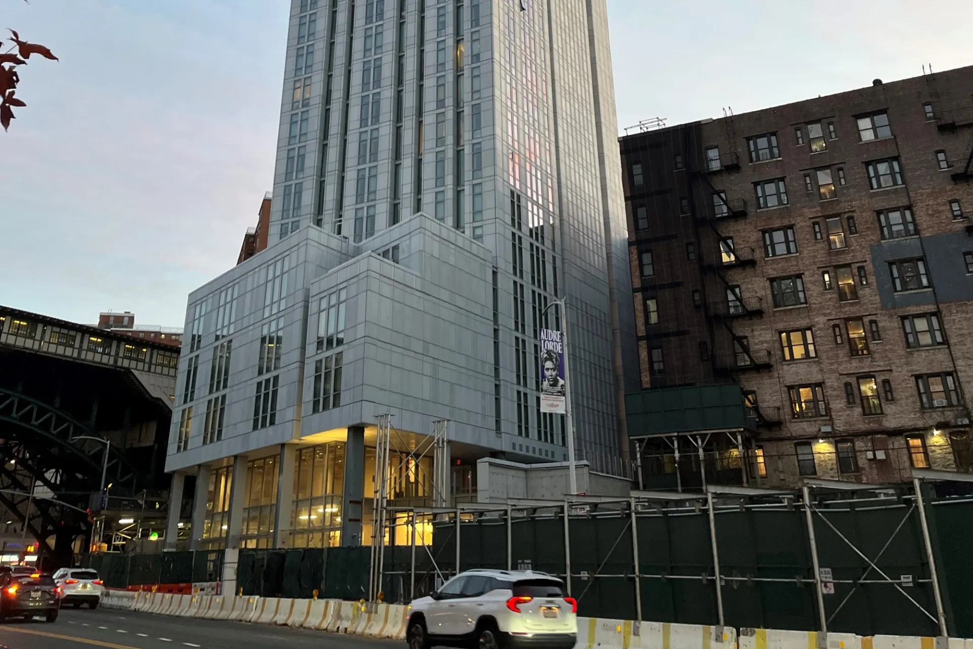The lower floors of 600 W. 125th Street during dusk.